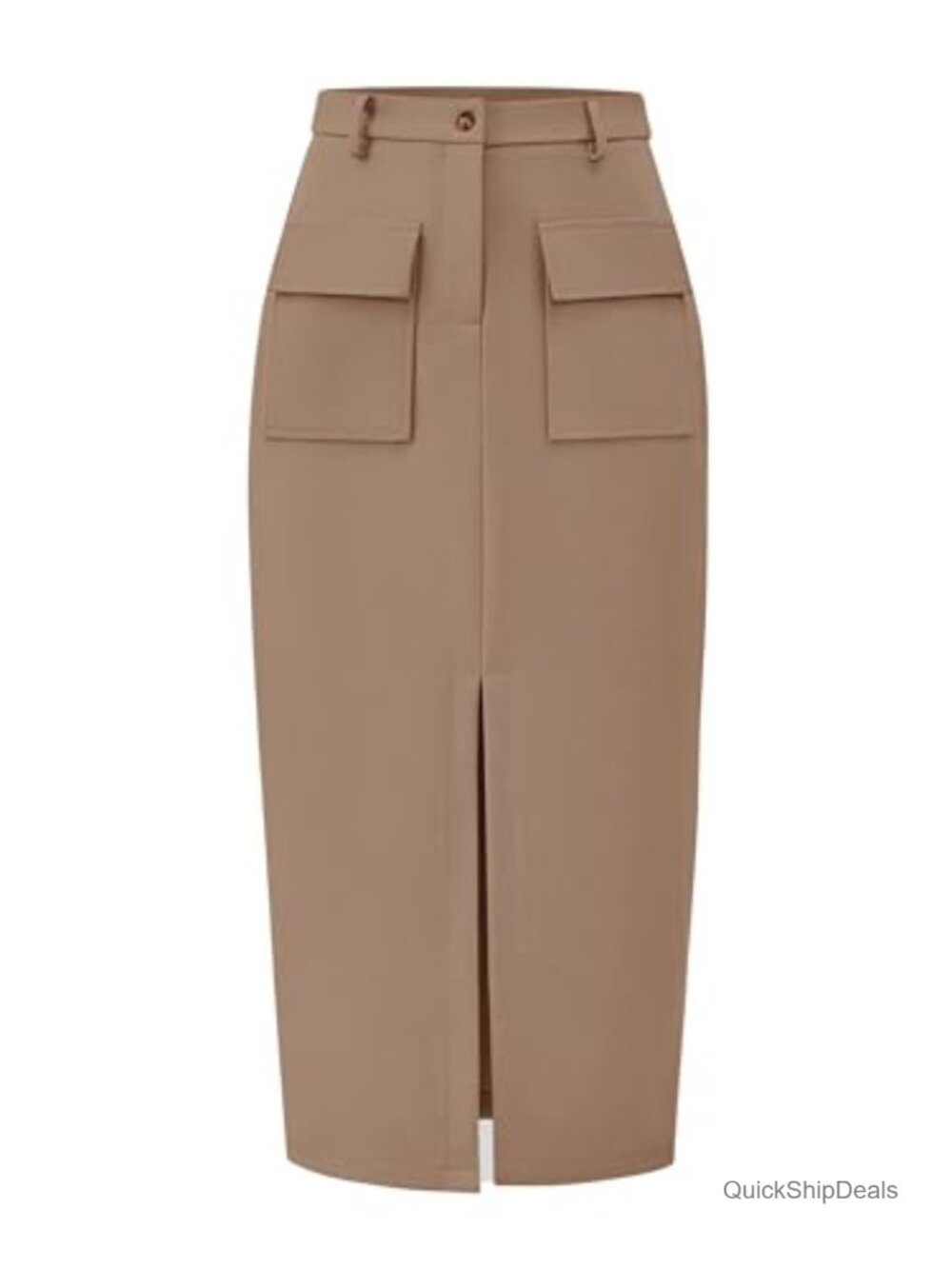 High Waist Cargo Midi Pencil Skirt Slit Pockets Work Office